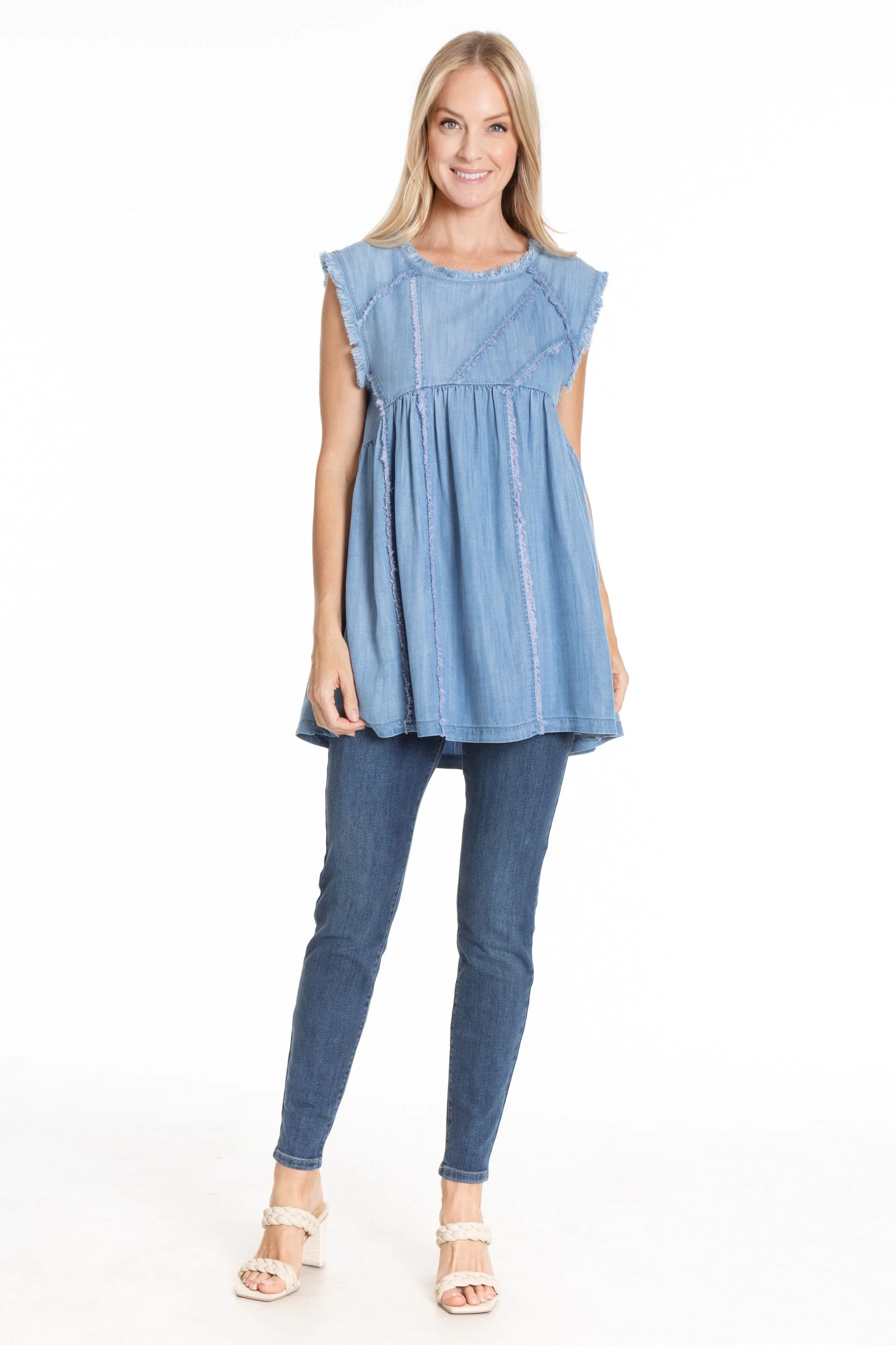 Sleeveless Patched and Frayed Tunic Dress  - Light Indigo