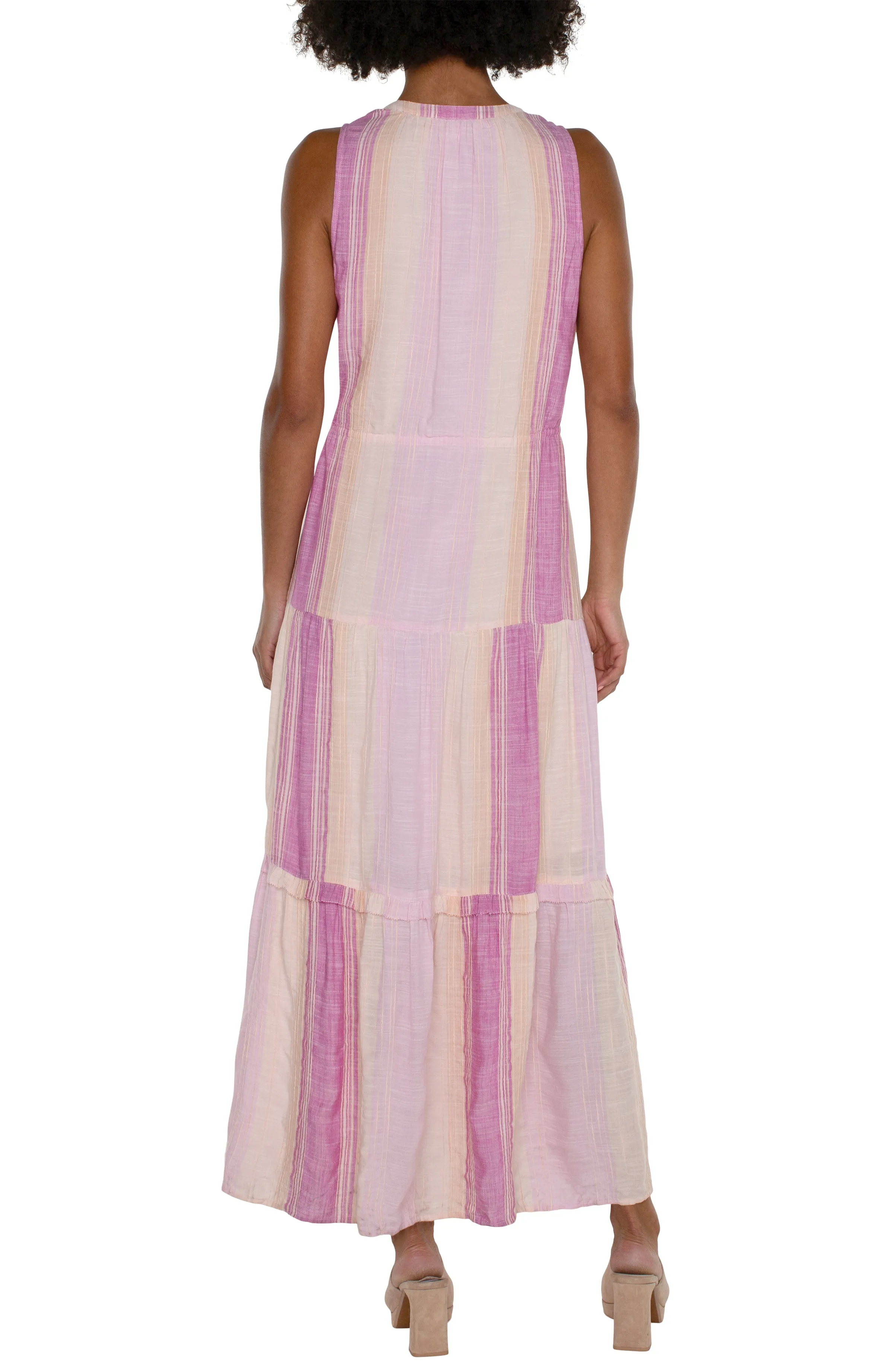 Striped Slvless Tiered Maxi Dress w Adjustable Tie Waist