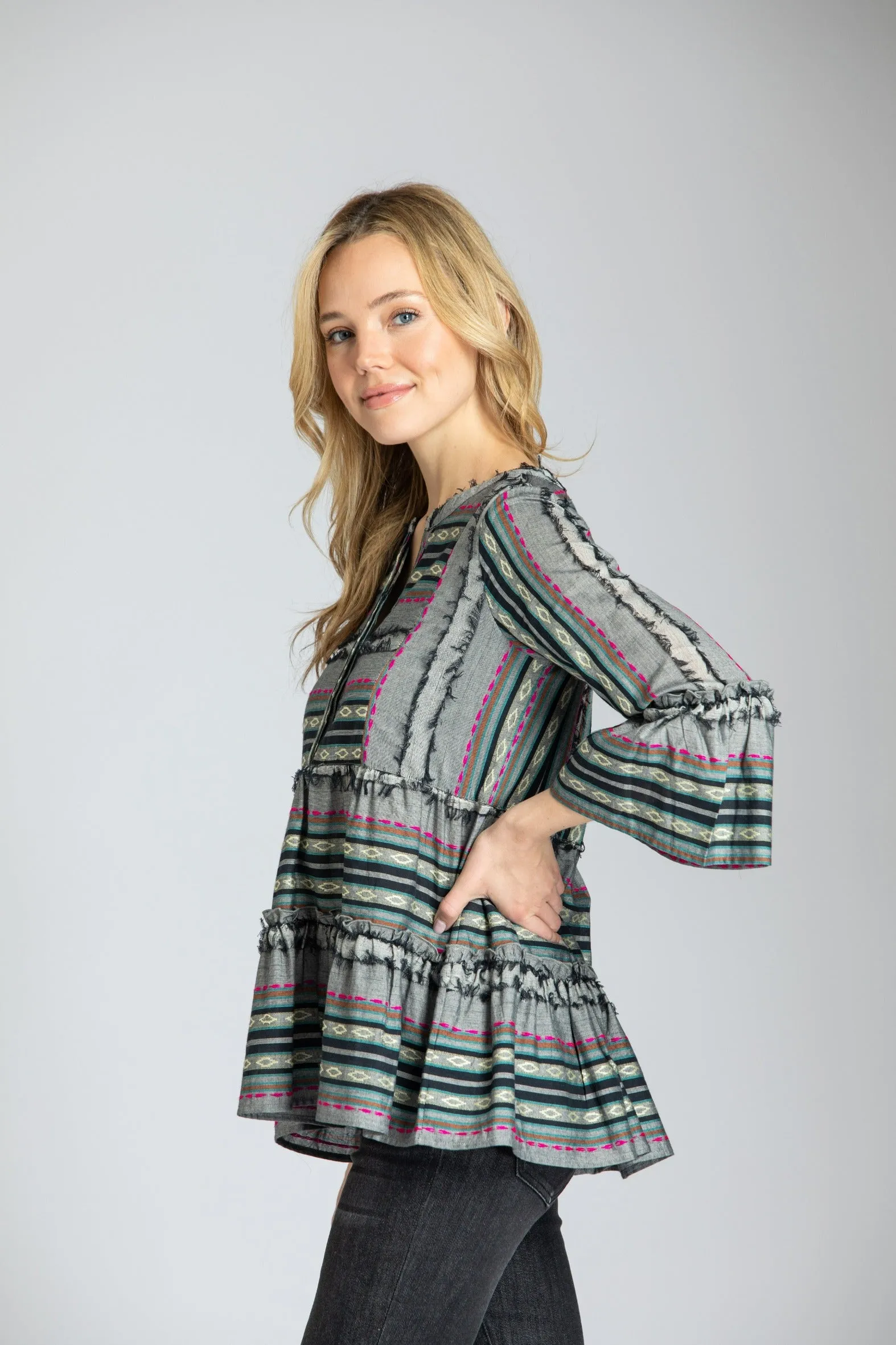 Striped Tiered Tunic With Fringed Detail