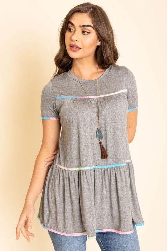 Tiered Tie Dye Accent Short Sleeves Tunic by EG Fashion