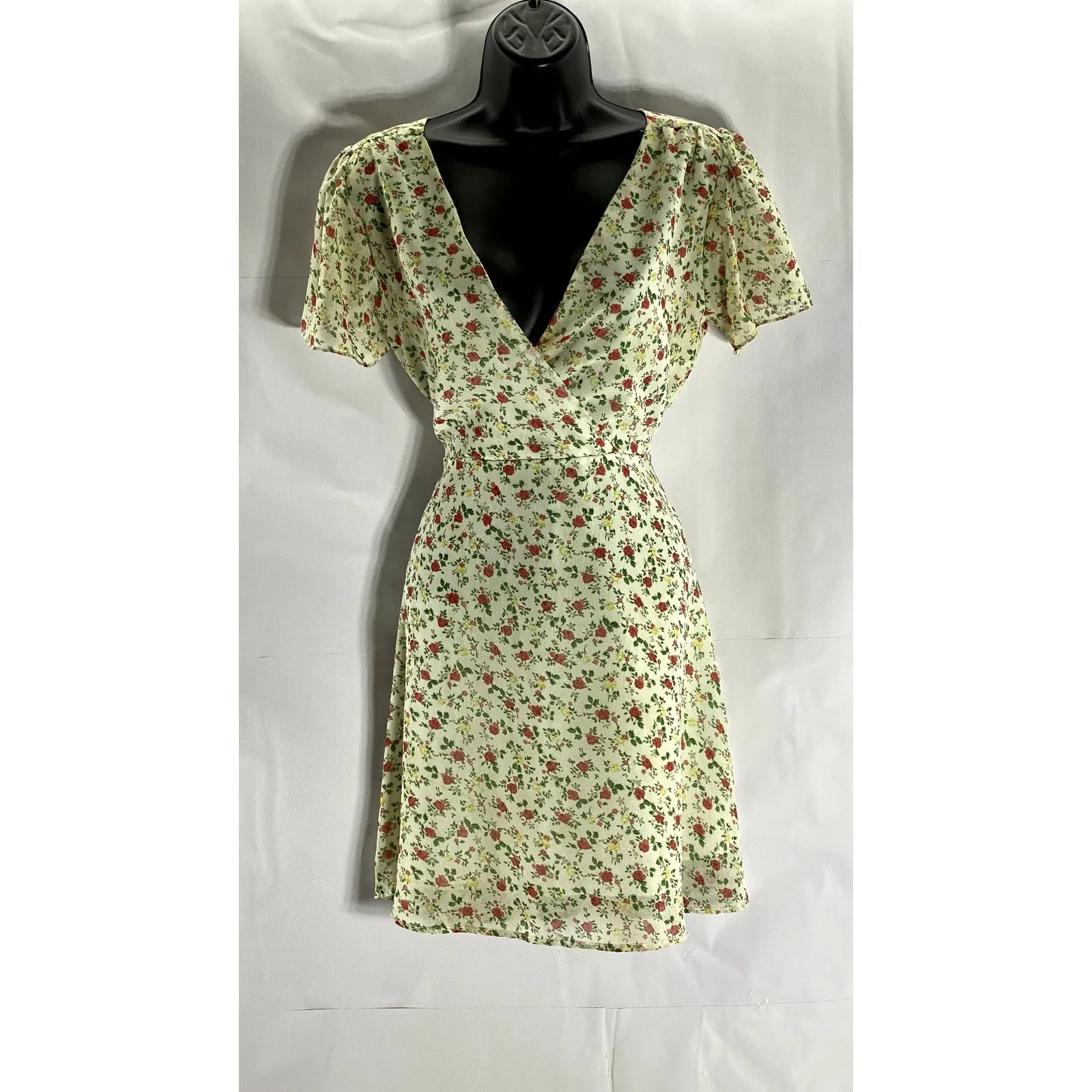 UNBRANDED Women's White Floral V-Neck Short Sleeve Wrap Mini Dress SZ S