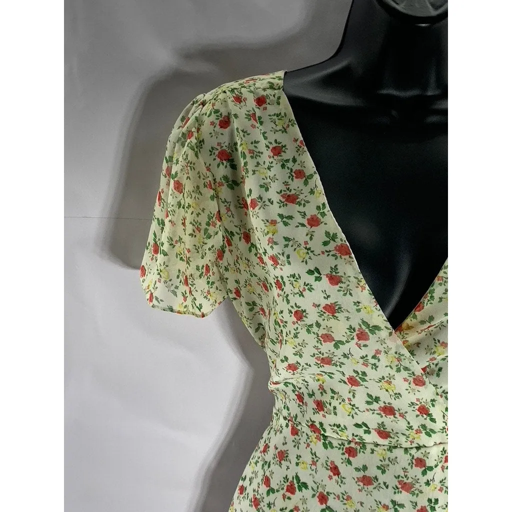 UNBRANDED Women's White Floral V-Neck Short Sleeve Wrap Mini Dress SZ S