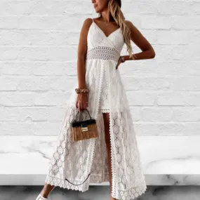 V-Neck Lace Boho Long Romper Beach Dress