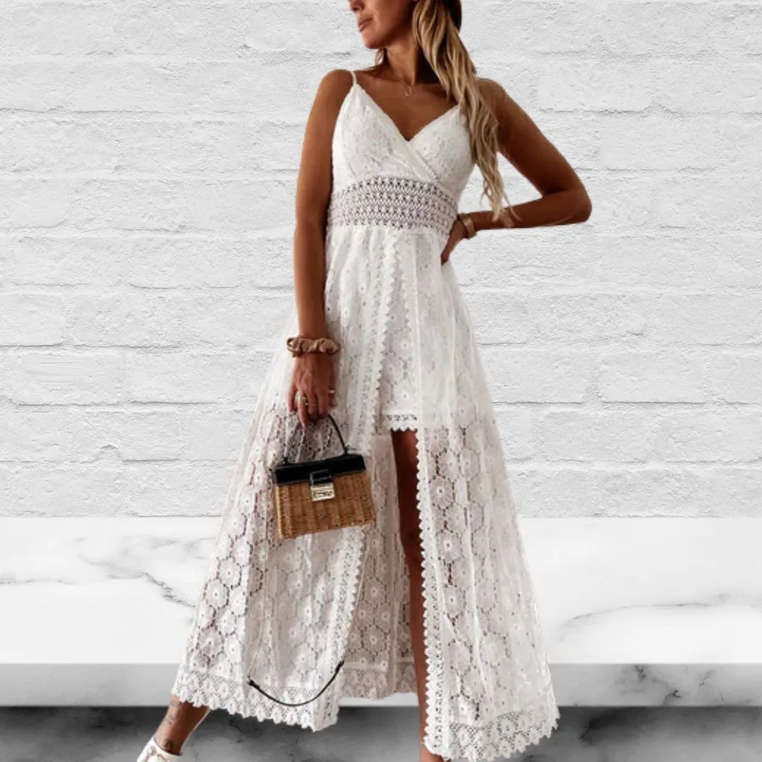 V-Neck Lace Boho Long Romper Beach Dress