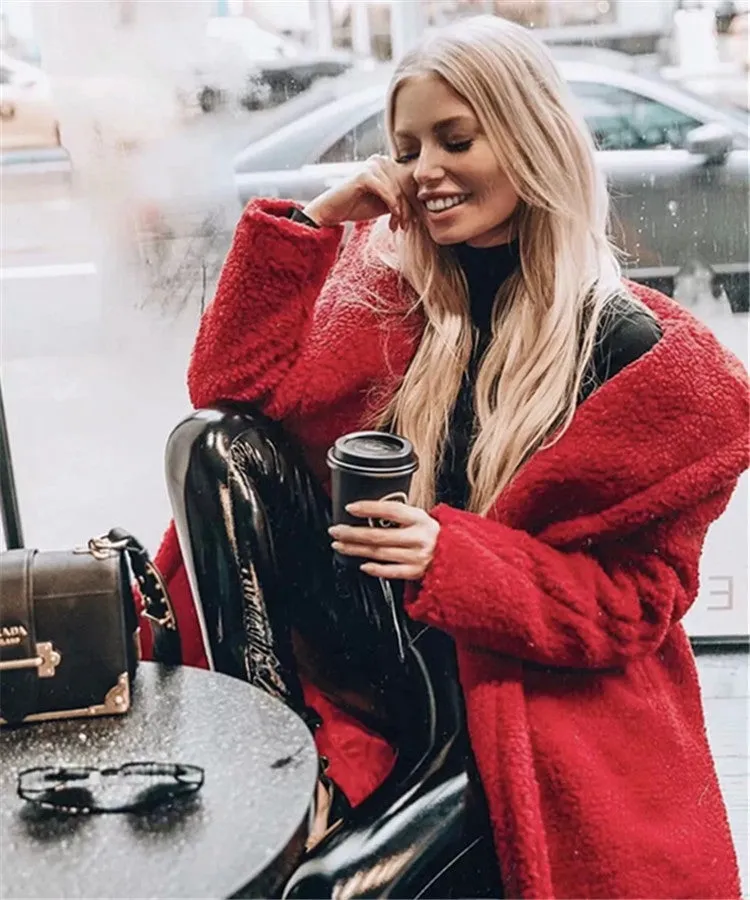 Warm Faux Fur Lapel Collar Oversized Women Teddy Coat