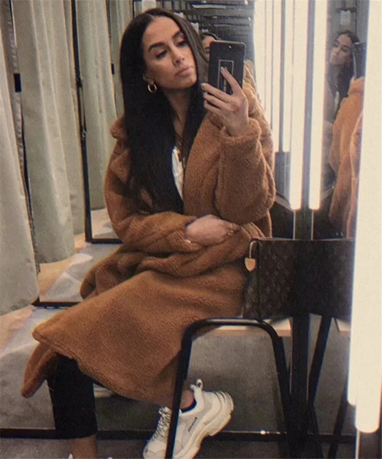 Warm Faux Fur Lapel Collar Oversized Women Teddy Coat