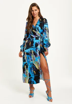 Women's Midi Dress with Long Sleeves in Multicolour Abstract Print - Stylish Wrap Design by Liquorish