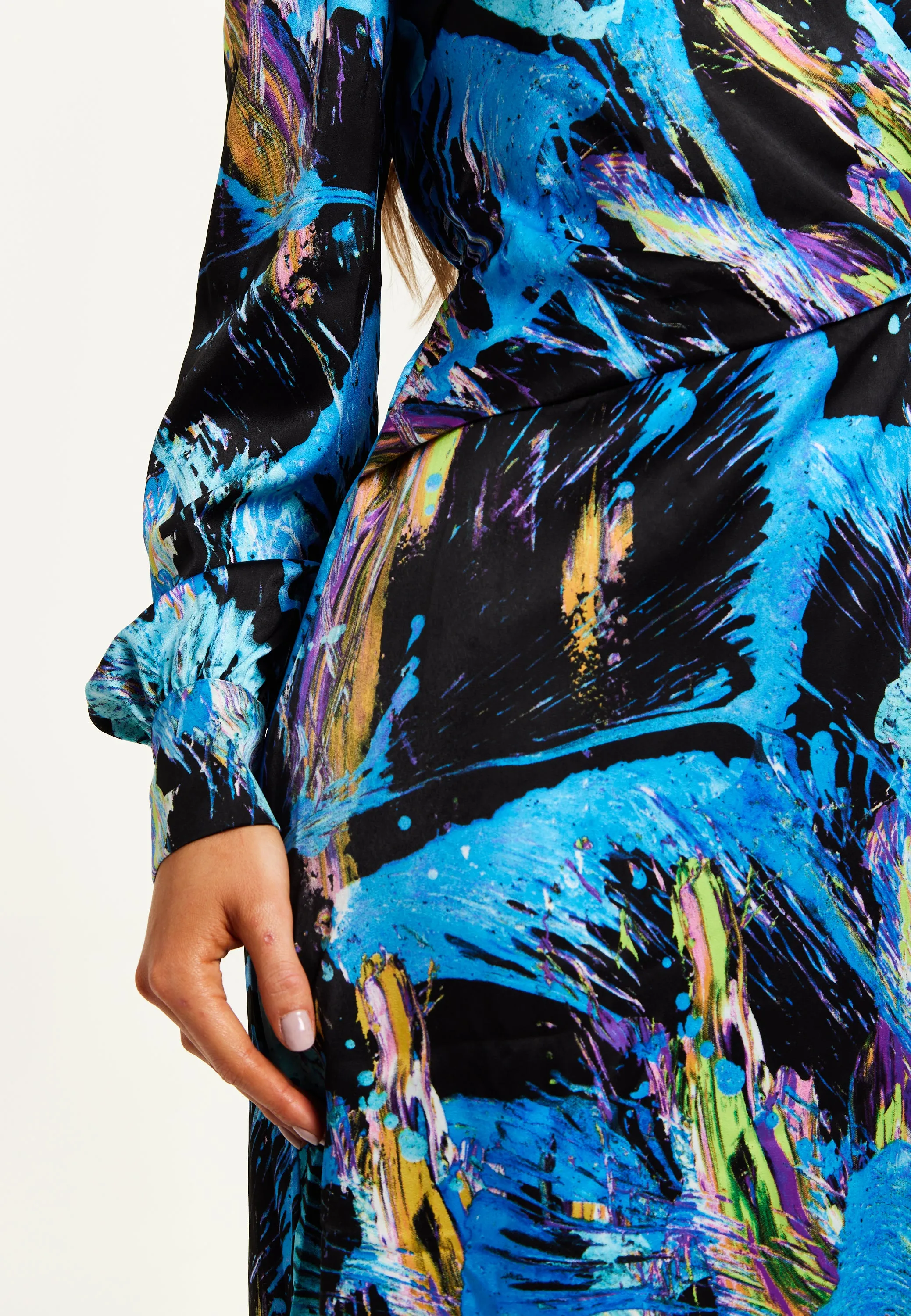 Women's Midi Dress with Long Sleeves in Multicolour Abstract Print - Stylish Wrap Design by Liquorish