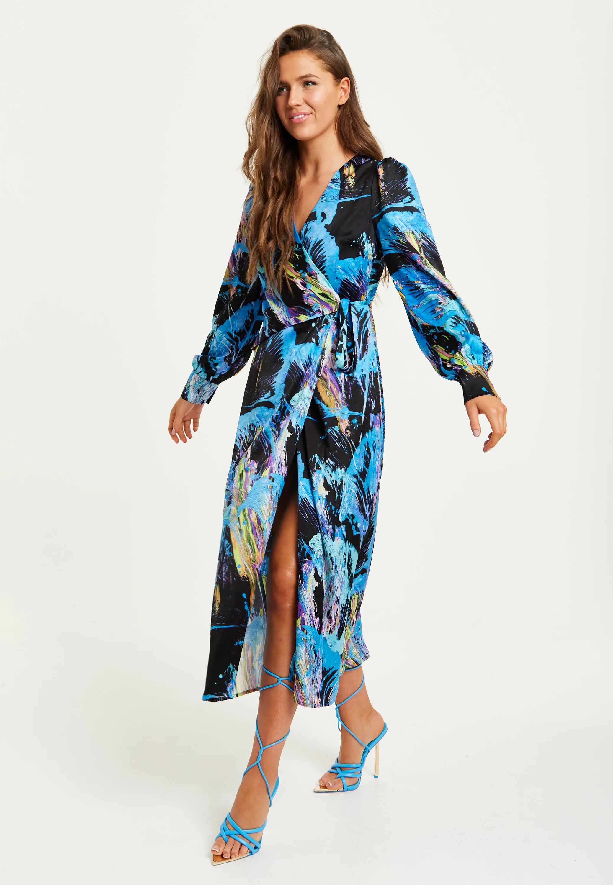 Women's Midi Dress with Long Sleeves in Multicolour Abstract Print - Stylish Wrap Design by Liquorish