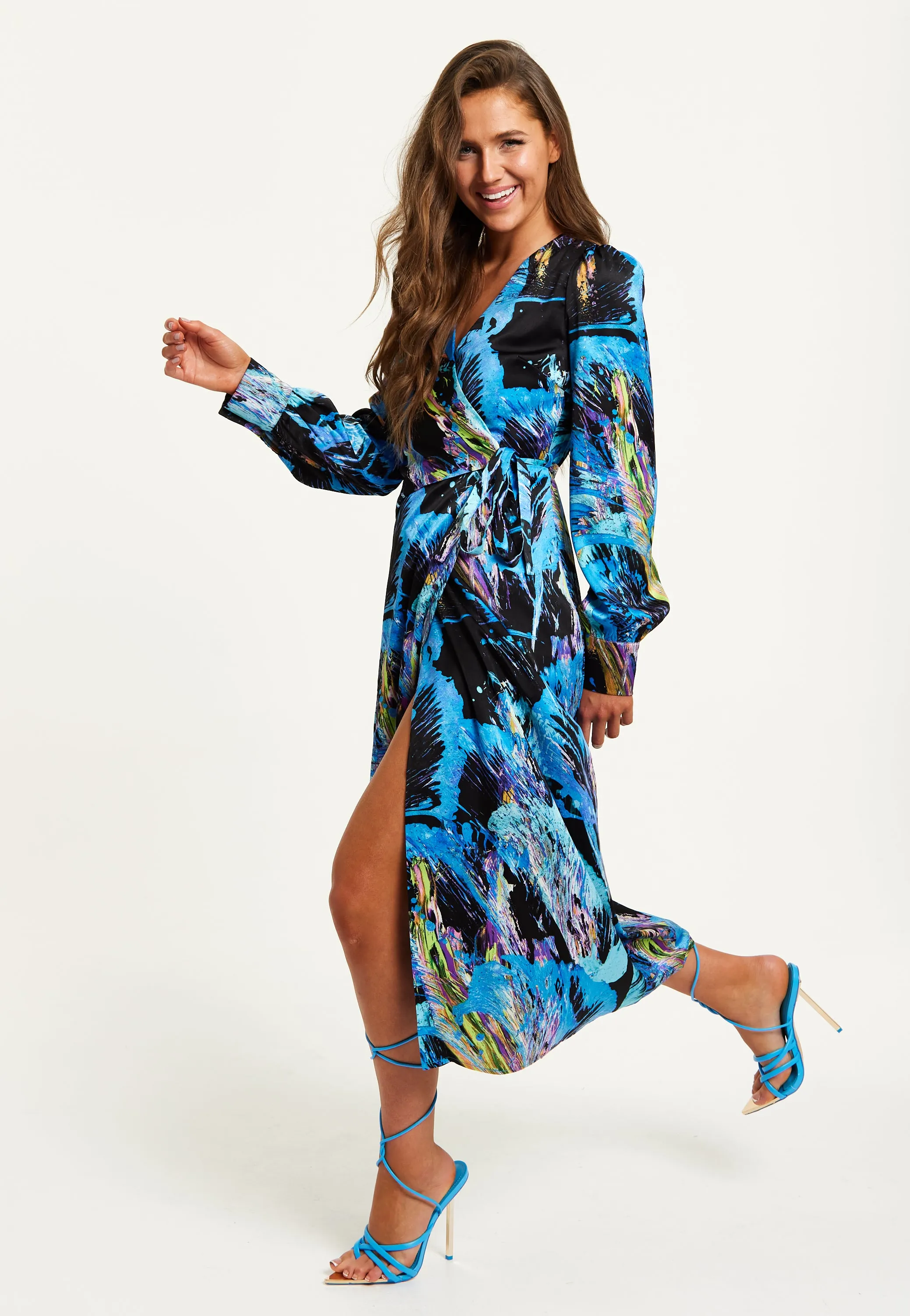 Women's Midi Dress with Long Sleeves in Multicolour Abstract Print - Stylish Wrap Design by Liquorish