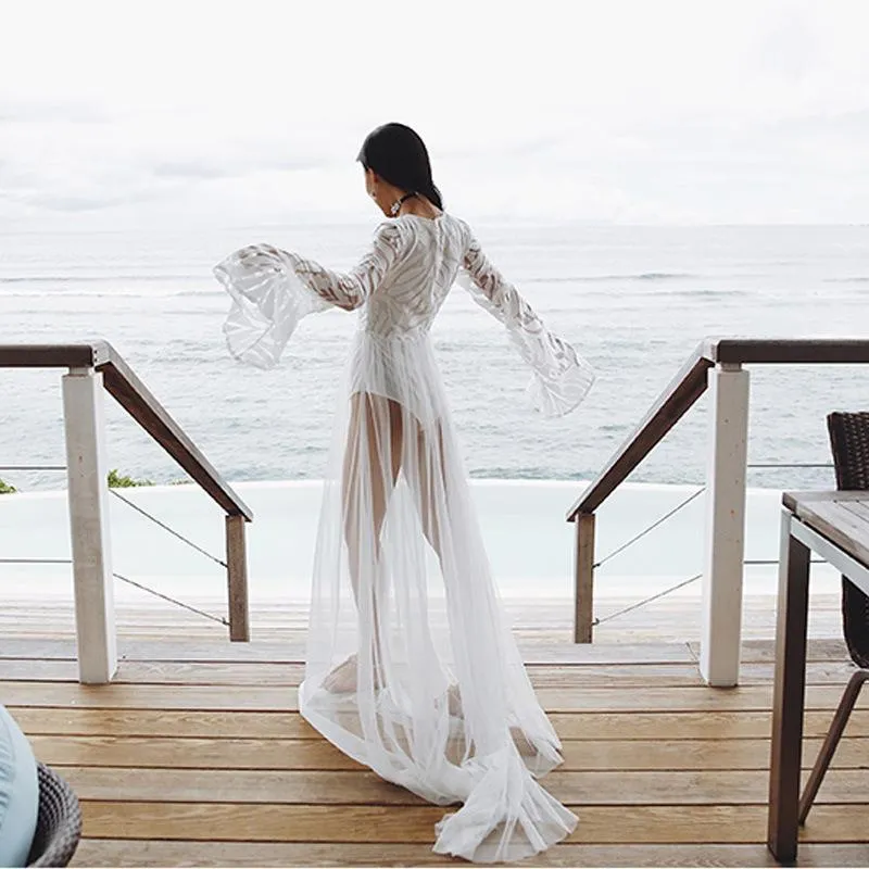 Women's Sexy Summer Long Sleeve Hollow Out Swimwear Dress