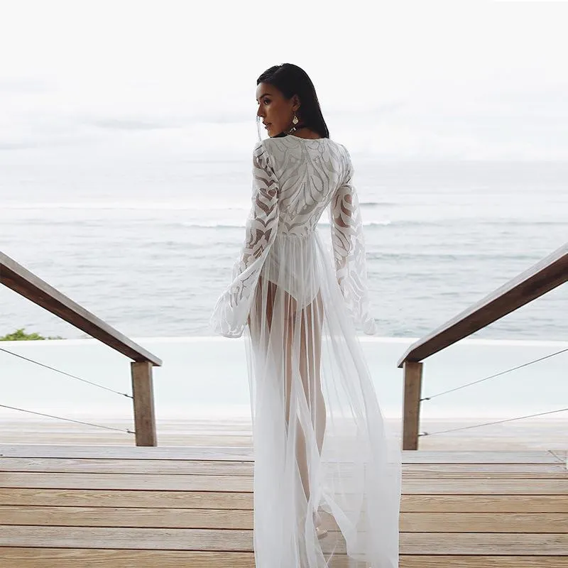 Women's Sexy Summer Long Sleeve Hollow Out Swimwear Dress