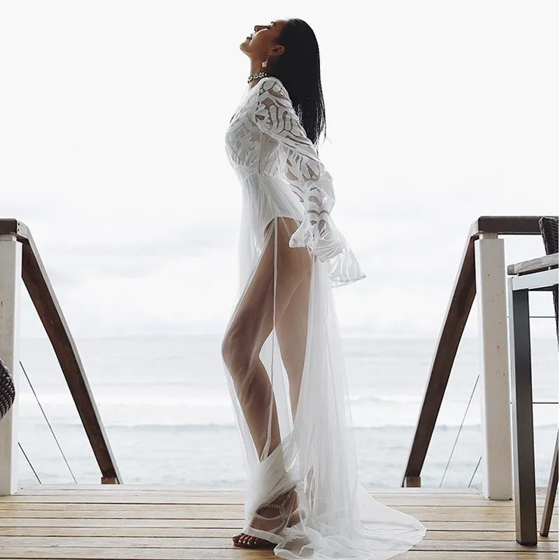 Women's Sexy Summer Long Sleeve Hollow Out Swimwear Dress
