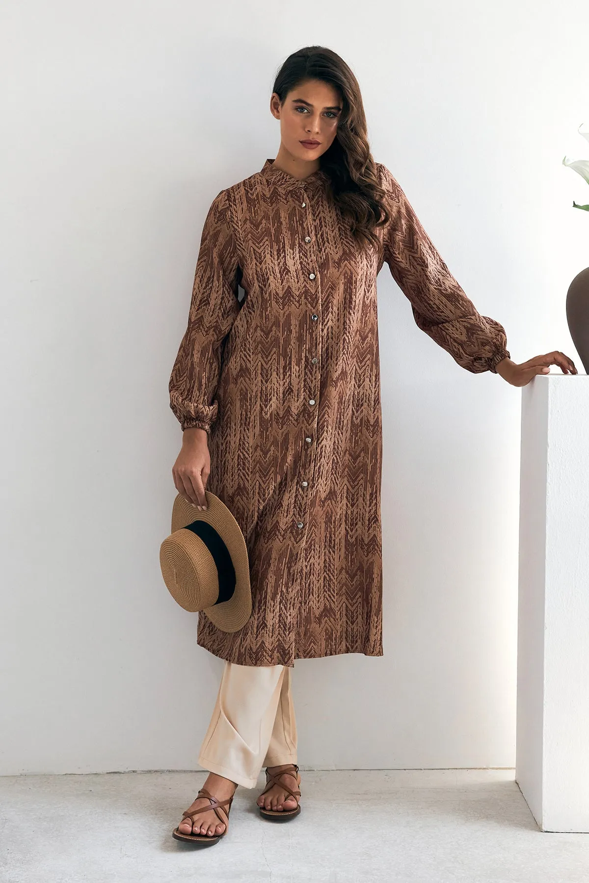 ZRF Women Patterned Long Tunic Pants Set - Camel - Busto Arsizio